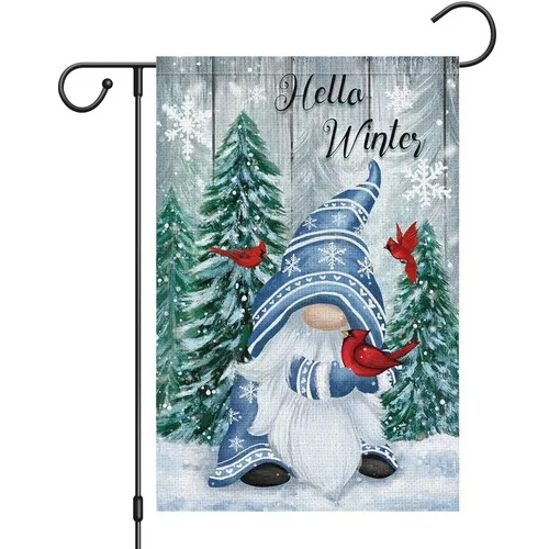 Hello Winter Gnome Garden Flag 12x18 Double Sided Burlap 12