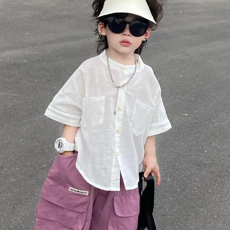 Premium 100% Cotton Lightweight Summer Boys' Shirt Soft Linen Short Sleeve Breathable Baby Boy Shirt