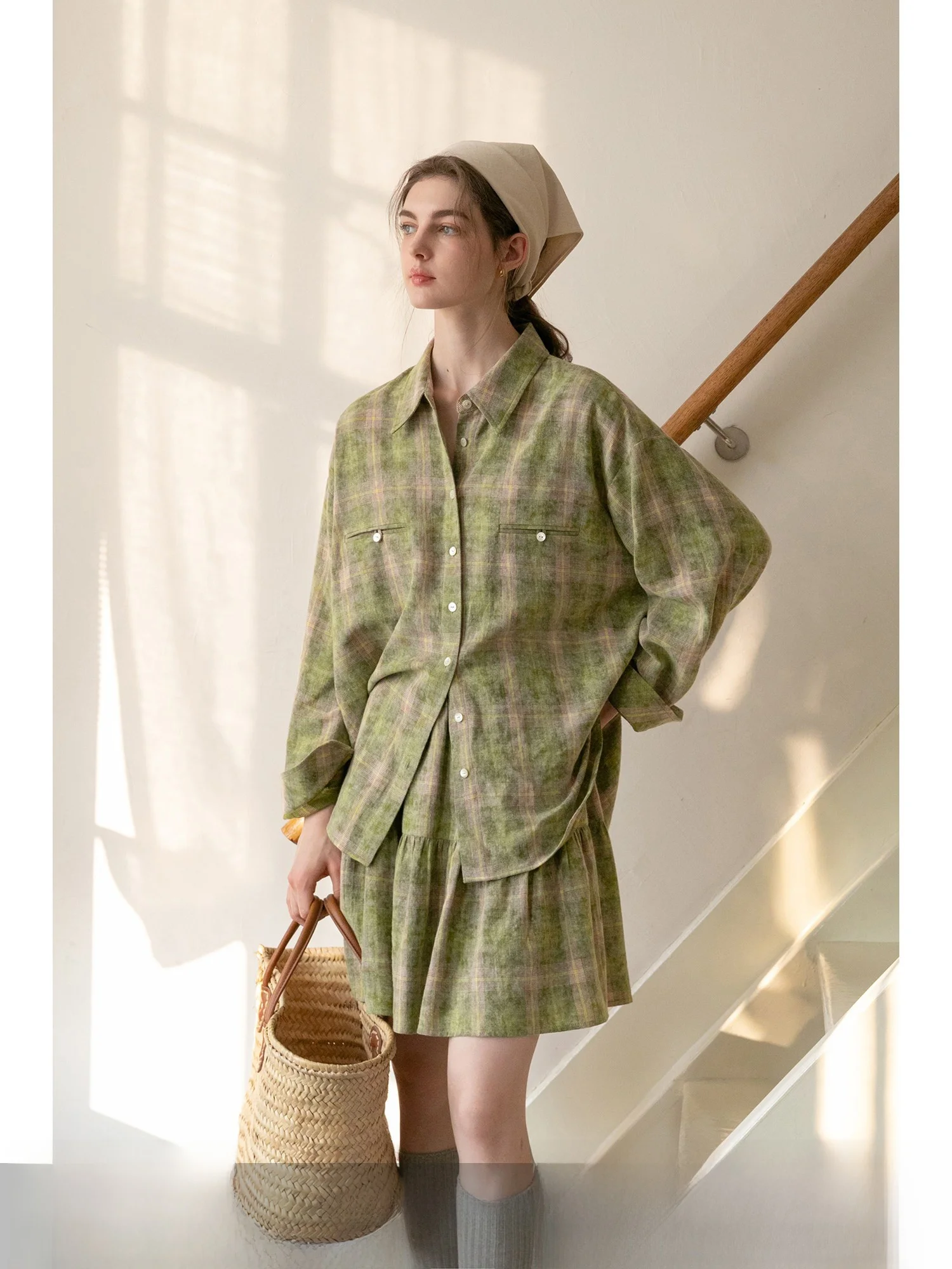 

Комплект MELLIIY 2026: Длинная юбка в клетку и топ с воротником из хлопка для женщин, весенний повседневный стиль, модный комплект из двух предметов