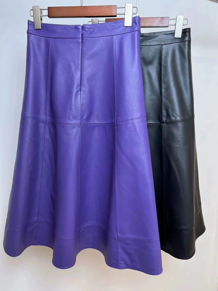 Elegant Purple Skirt For Women Genuine Leather Slim Large Swing Wave Circular Arc  Long Faldas Black Saias Femininas Streetwear