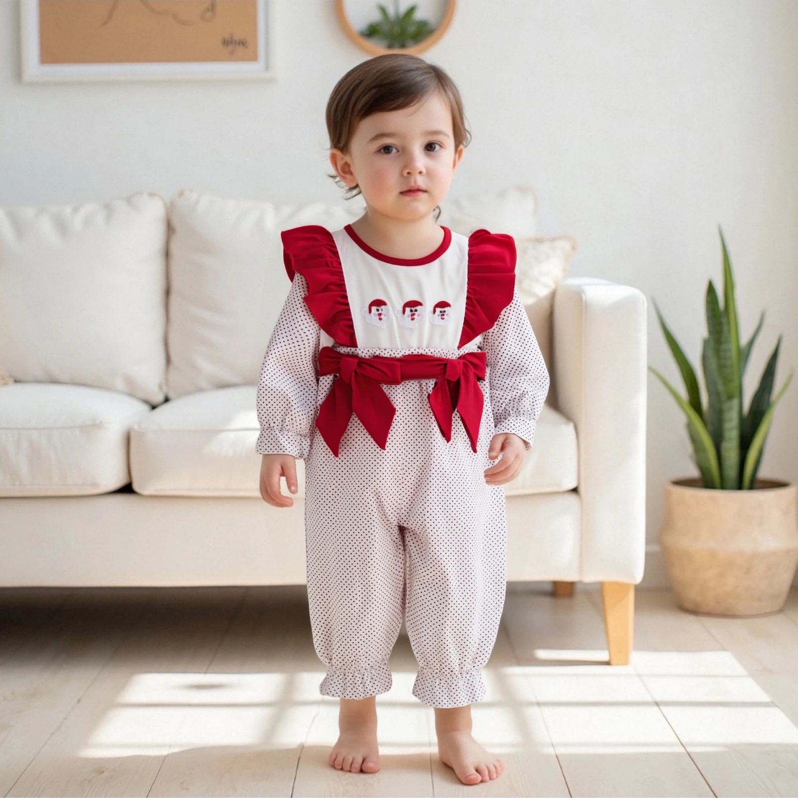

Baby Clothing Girl Christmas Romper Long Sleeve Round Neck Santa Claus Print Plaid Jumpsuit Newbrorn Clothes