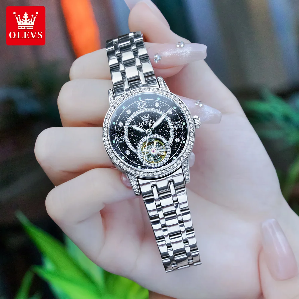 OLEVS 7036 Luxury Original Mechanical Watch for Women Starry Sky Moon Phase Steel Strap Diamond Bezel Hollow out Automatic Watch