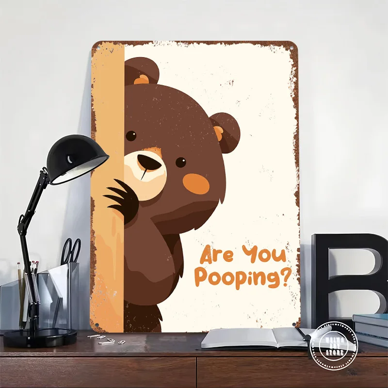 Cartoon Bear Peeking With Funny Text Metal Poster Custom Wall Art Retro Vintage Tinplate Signs for Man Cave Decoration Room Home