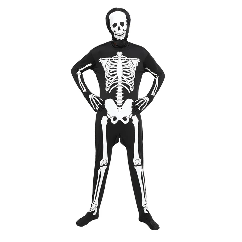 

New Men Luminous Skeleton Jumpsuit Halloween Costume Adult Skull Skin Full Body Tights Cosplay Carnival Easter Purim Fancy Dress