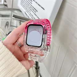 Clear Color Matching Band+Case For Apple Watch Series 8 7 6 SE 5 45mm 44 42 41 Transparent For IWatch 3 38mm 40mm Plastic Strap