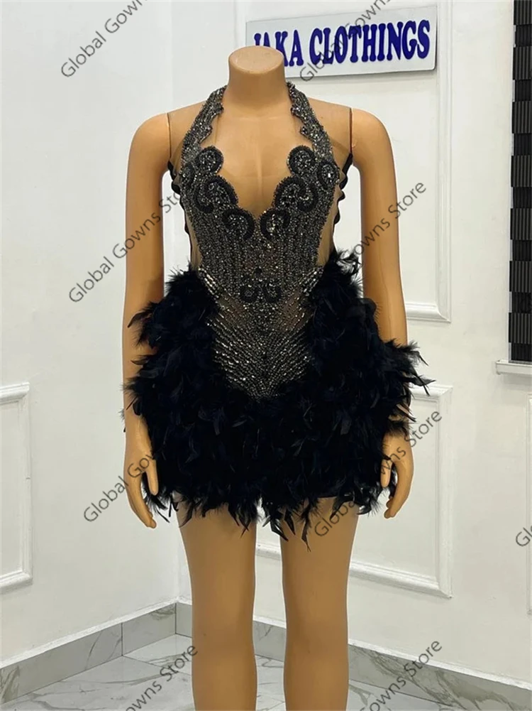 Black Halter Prom Dresses Short For Black Girl Bead Crystal Luxury Dresses Women 2025 Feather Mini Cocktail Homecoming