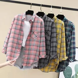 2024 Spring Summer Fashion Women Plaid Shirt Chic Checked Blouse Long Sleeve Female Casual Print Shirts Loose Cotton Tops