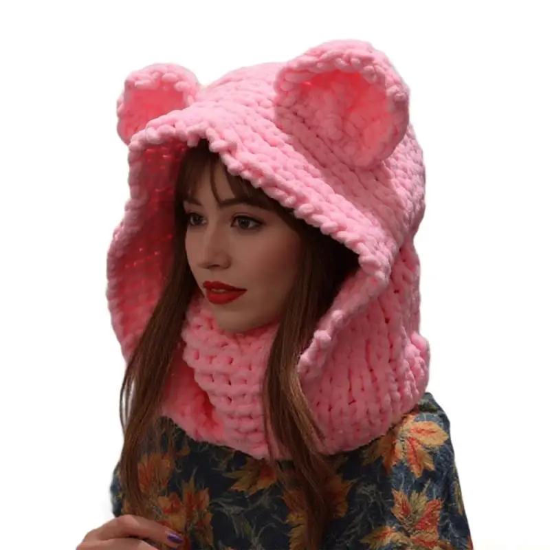 31BF Plush Knitted Scarf Hat with Bear Ear Design Soft Thicken Winter Sport Headgear