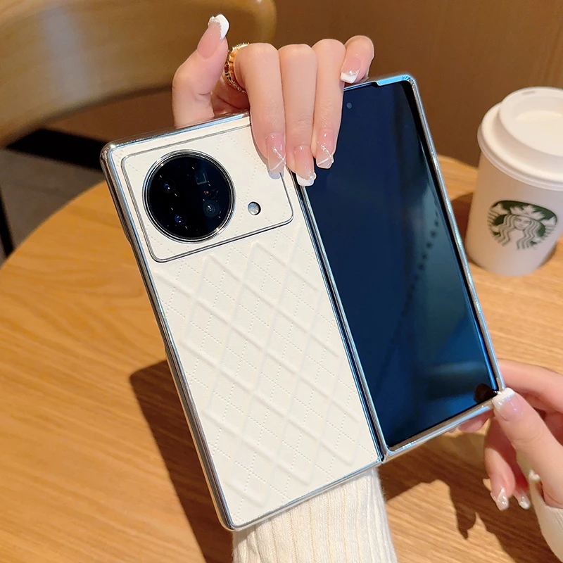 

For Vivo X Fold Leather Foldable Case Cubical Diamond Grid Pattern Raised Camera Lens Protection Plating Silver phone Case Cover
