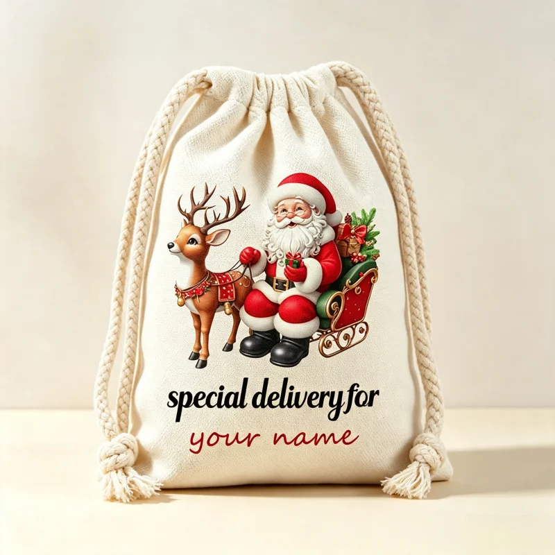 Christmas Gift Drawstring Bag Santa Reindeer Sleigh Custom Linen Sack Xmas Candy Storage Pouch Kids Holiday Party Favor Sack
