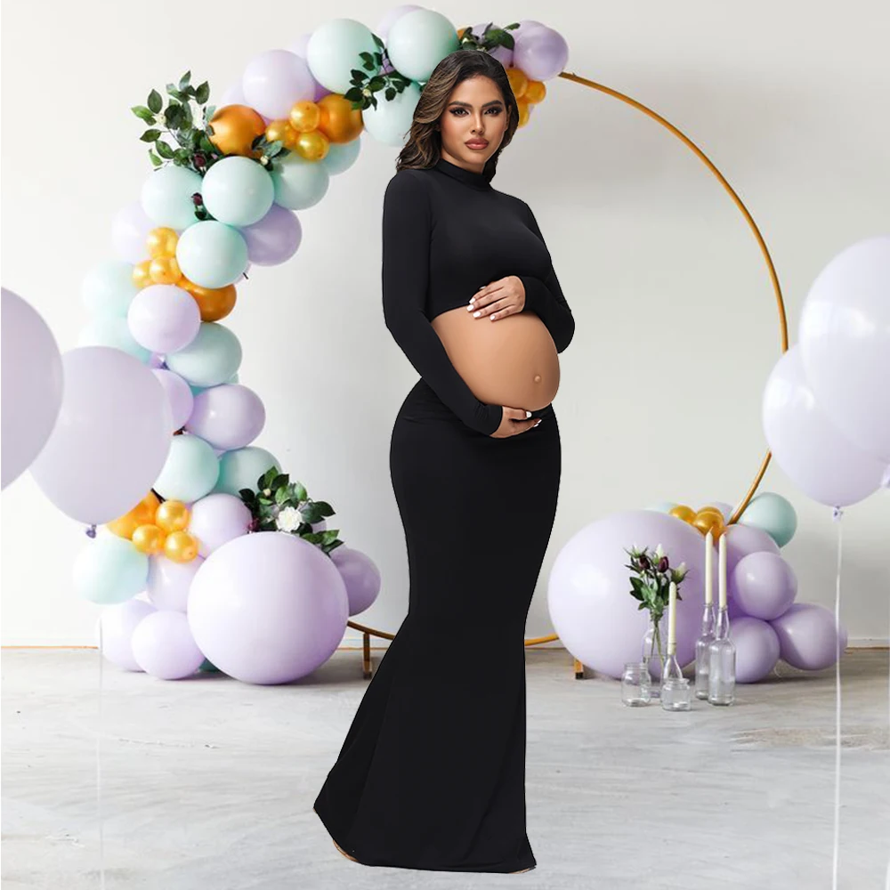 Maternity Mock Neck Long Sleeve Top Slim Maxi Skirt 2 Pcs Set Photoshoot Outfit  Wedding Party Pregnant Clothes