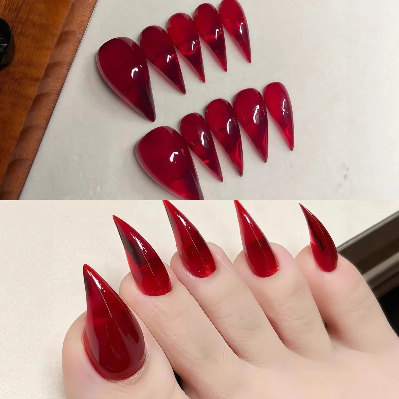 Long Stiletto Press On Nails, Glossy Transparent Burgundy Red Fake Nails, Gothic Blood Red Clear Almond False Nail Tips