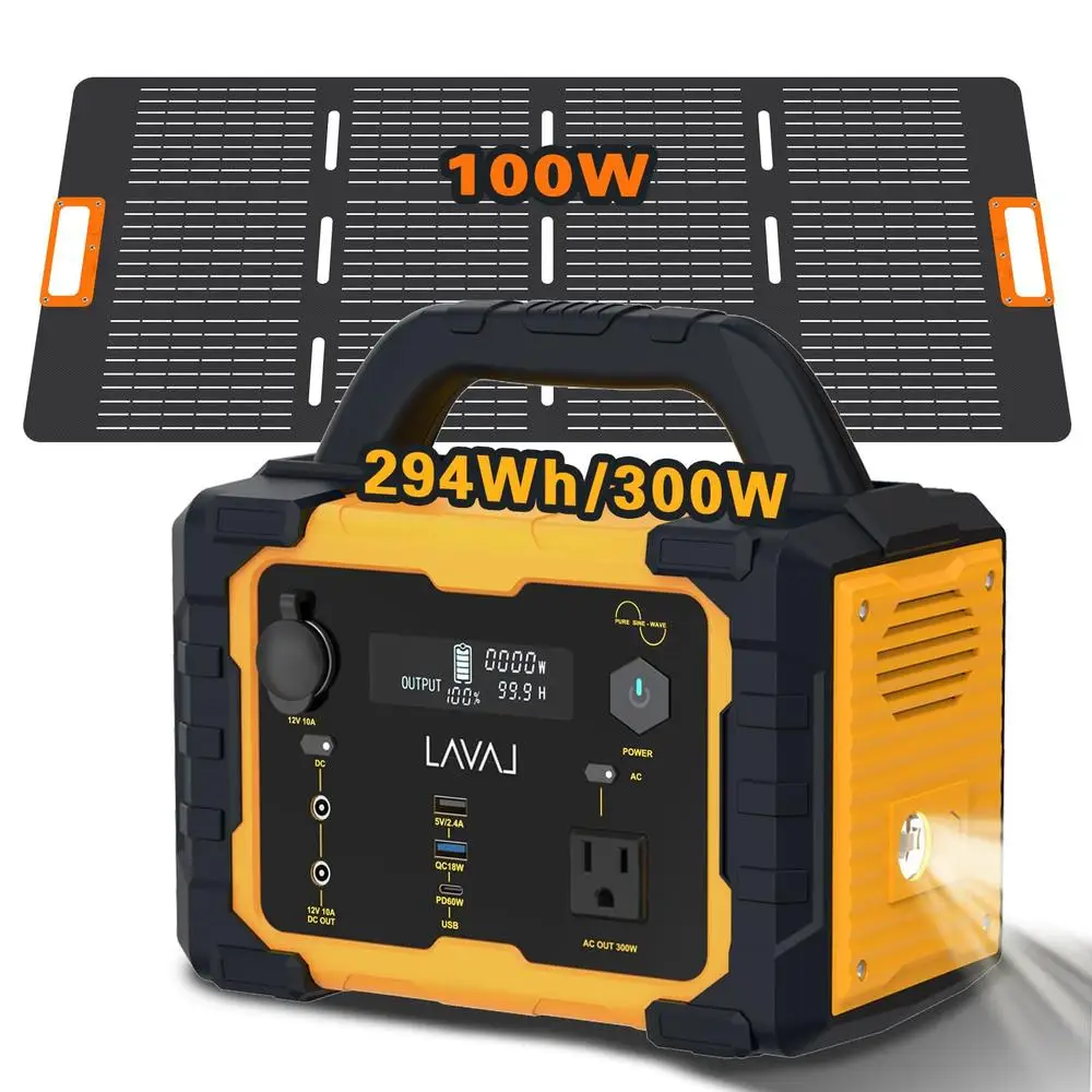 300W Portable Power Station with 100W Foldable Solar Panel Lithium Battery 120V/300W AC Outlet Quiet Solar Powered Generator