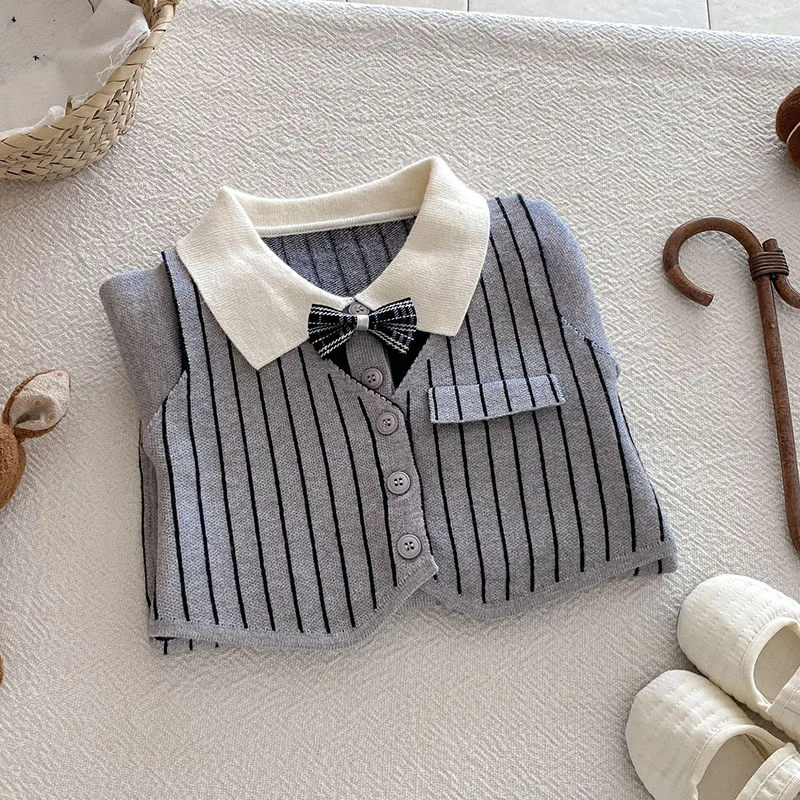 LILIGIR 2025 الخريف الطفل السروال القصير أسود رمادي شريط الأولاد وسيم بذلة طفل رقيقة محبوك قطعة واحدة 3-24 متر #3