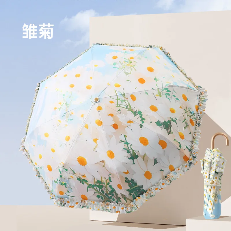 

Sun UV UPF50+ Protection Gold Hook Curved Handle Umbrella, 3 Folding Sun and Rain Parasol for Women, Small Pocket Umbrella