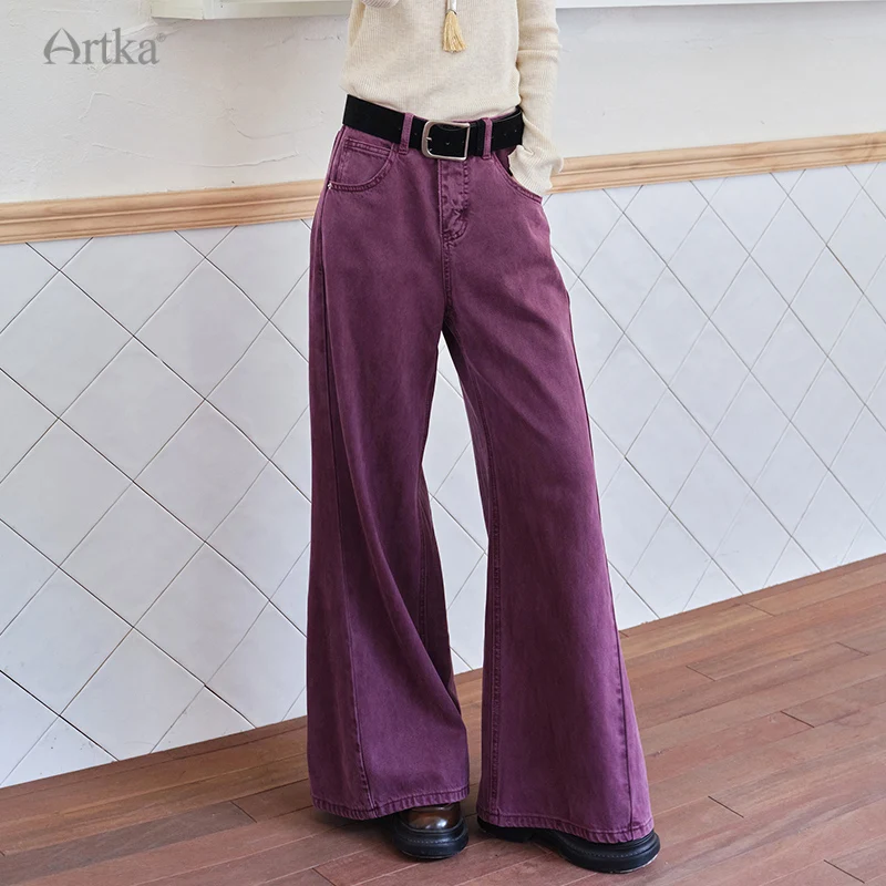

ARTKA 2023, осенние новые женские джинсы, модные повседневные прямые фиолетовые джинсы с высокой талией, свободные широкие потертые джинсовые брюки KN32058Q