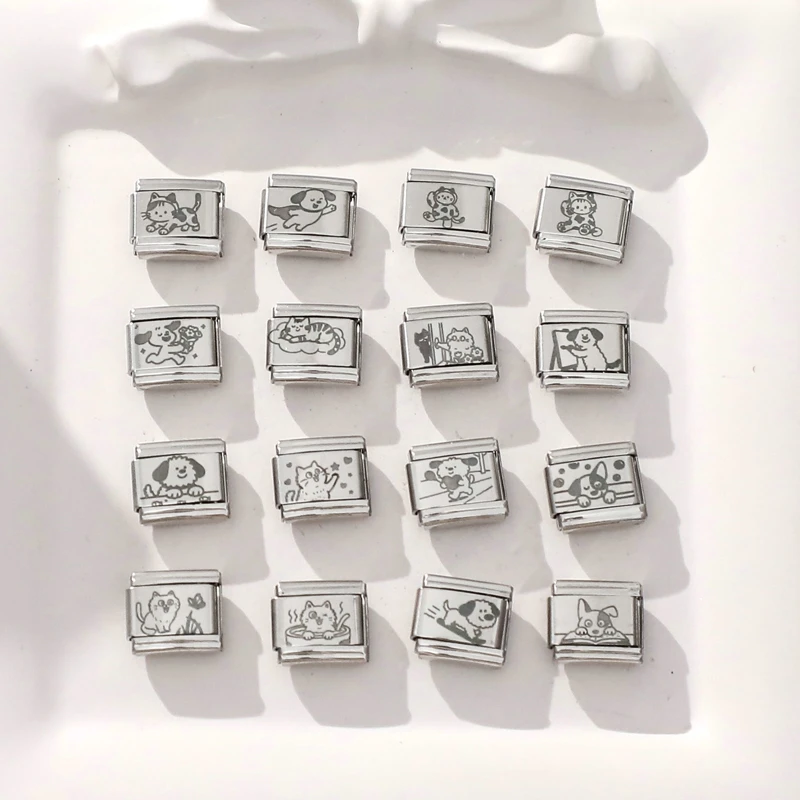 Y2k النقش بالليزر أسود جميل القط الكلب القلب ستار الإيطالية سحر الروابط صالح 9 مللي متر الفولاذ المقاوم للصدأ سوار المرأة DIY بها بنفسك صنع هدية