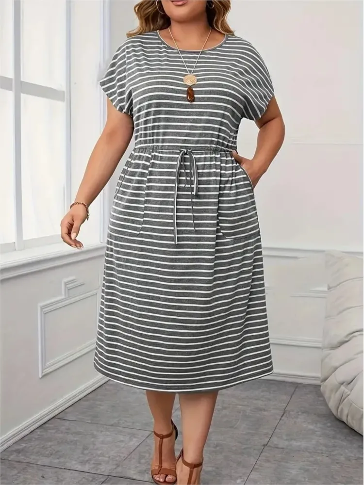 Plus Size Summer Striped Print Midi Dress Women Short Sleeve Casual Fashion Ladies Dresses Loose Pleated Ruffle Woman Dress