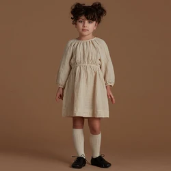 100% Cotton Girls Long Sleeved Autumn Dress Fashion New Kids Elastic Waist Casual Loose Soft Double Coated Muslin Dresses TZ313