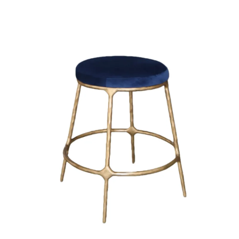 Industrial bar chair, luxury cast iron base with round blue flannel cushion family cafe stool