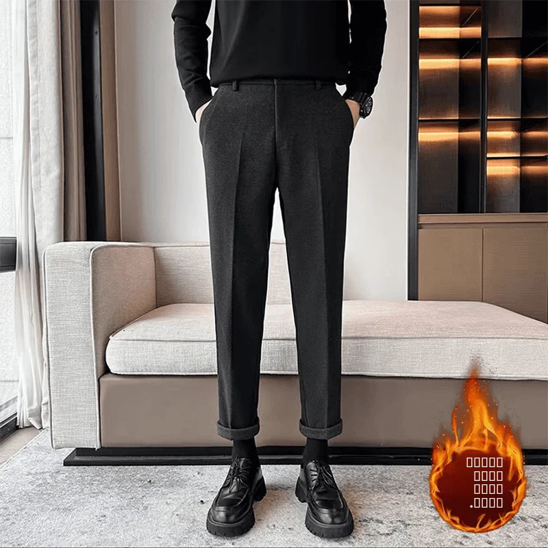 

Autumn Winter Men's Woolen Busin Casual Straight Leg Pants High Waist Polyester Fiber Micro Stretch Trendy Straight Leg Tr...