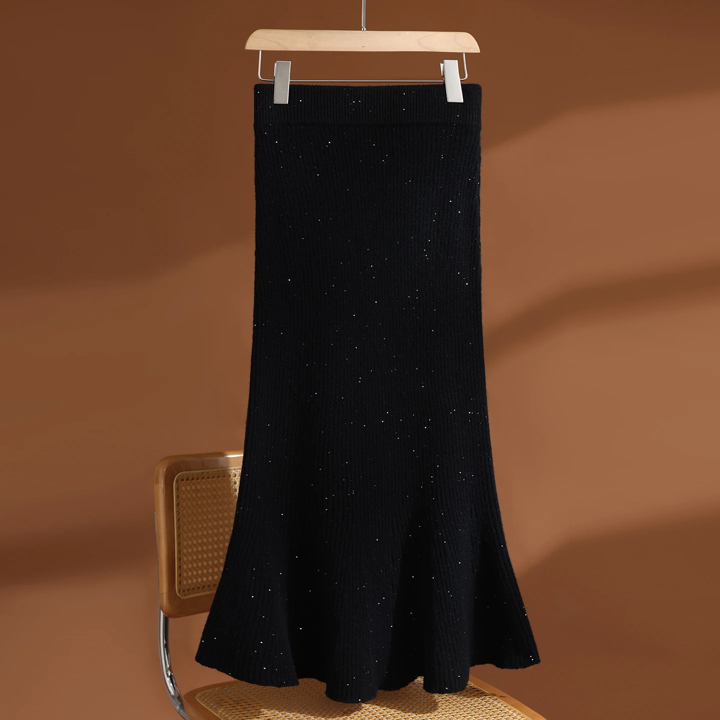 Women 100% Merino Wool Autumn Winter Ribbed Knit Sparkle Mermaid Midi Skirt High Waist Solid Color Flared Knitted Skirt Knitted