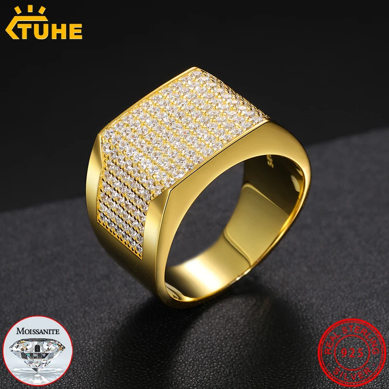 TUHE High-quality Luxury Iced Out Moissanite Square Ring S925 Sterling Silver For Men Hip Hop Jewelry Gifts