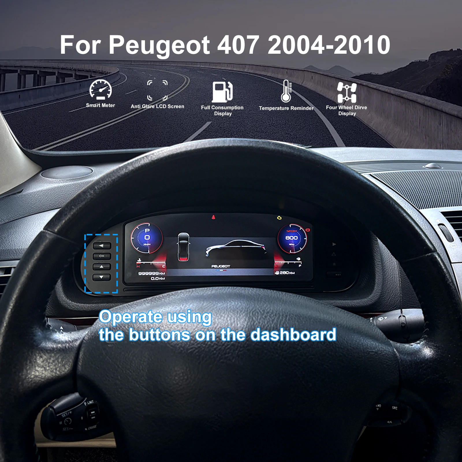 10.25-inch cluster digital instrument cluster For Peugeot 407 2004-2010 speedometer LCD instrument panel iOS Carplay