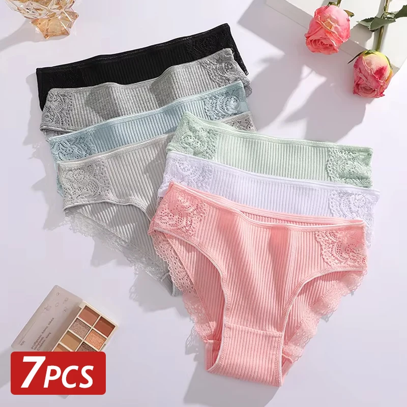 7PCS Floral Spitze Baumwolle Höschen für Frauen Sexy Low Taille Slips Dessous Weibliche Hohl Atmungsaktive Unterwäsche Solide Plus Größe hose
