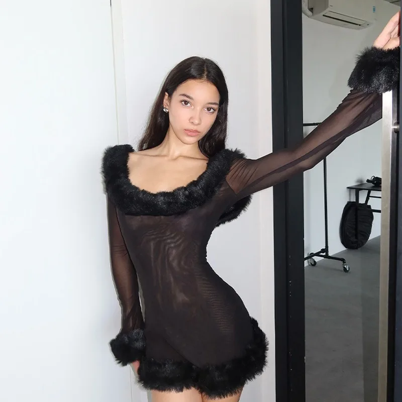 2024 Autumn Winter Mesh Fur Patchwork Sheer Slim Evening Dress Women Slash Neck Backless Full Sleeve Elegant Club Partywear Robe