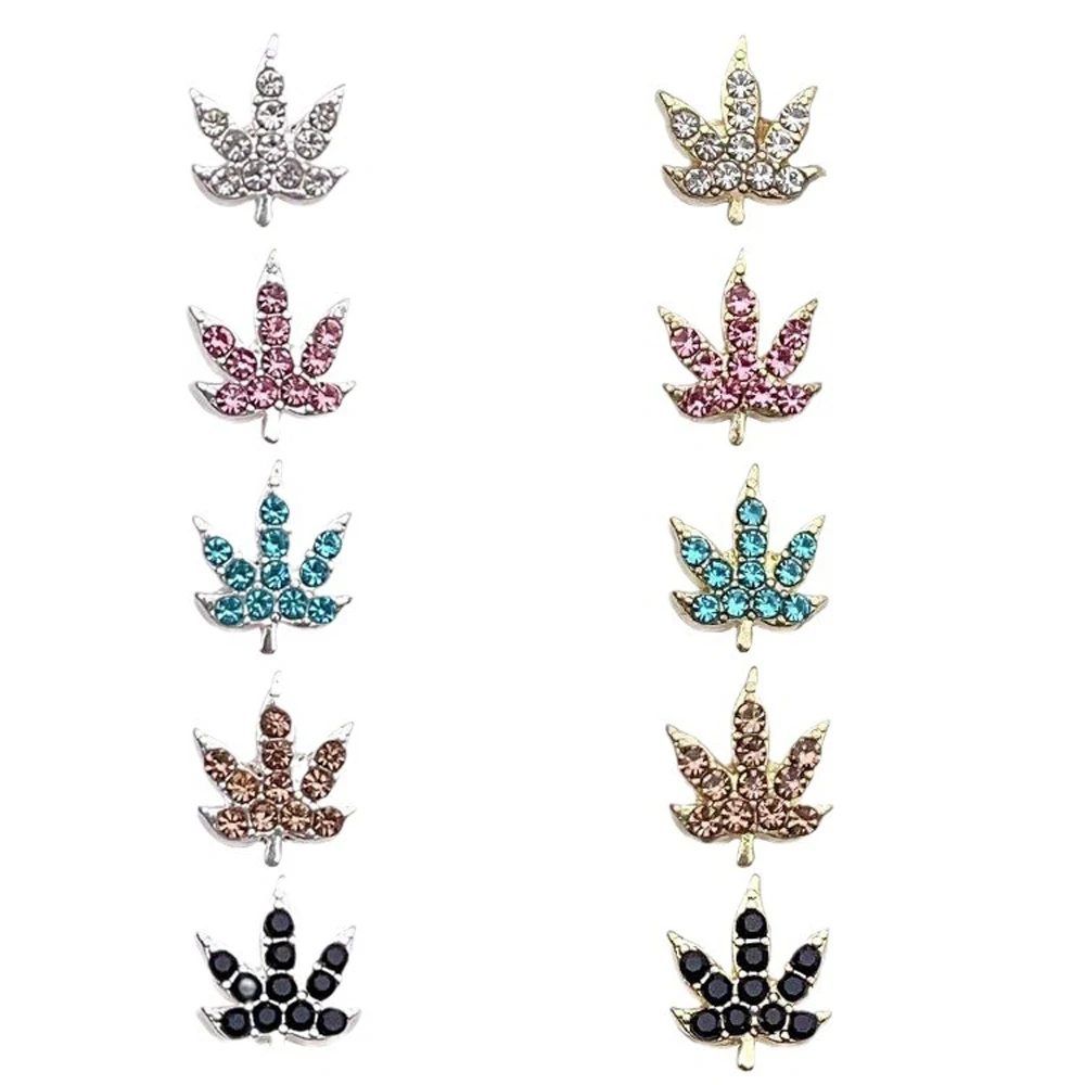 Colorido Maple Leaf Nail Art Charms, 3D Liga, Sliver Folha, Diamante Embutidos, Strass brilhante, DIY Acessórios, 10pcs