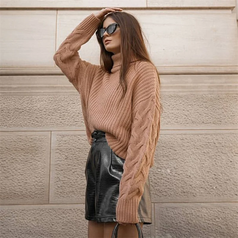 Women Sweater Turtleneck Pullovers, Female Autumn Winter Fashion Sweaters Long Sleeves Cable-Knit Loose Thickened Jumper Tops