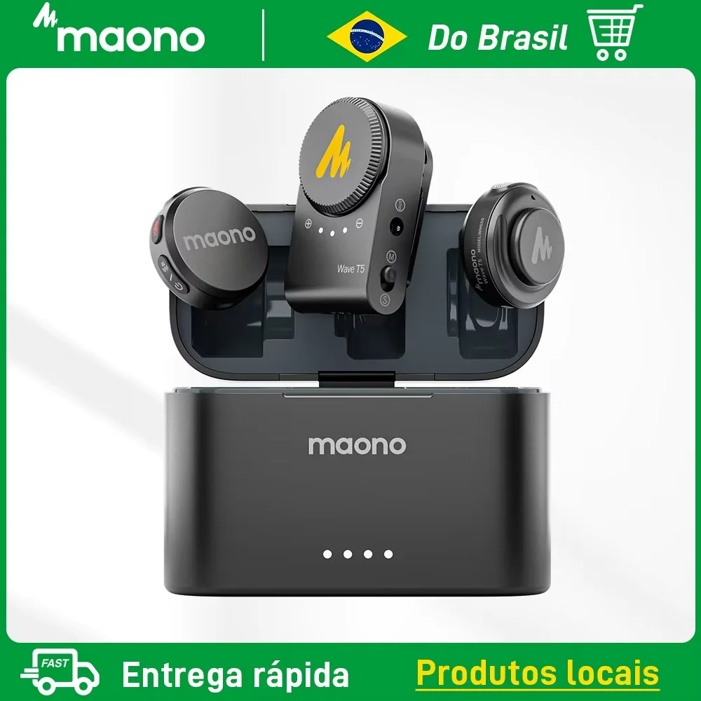 Microfone Lavalier Sem Fio Maono Wave T5 com Cancelamento de Ruído para Gravação de Vídeo e Streaming para Telefones e Câmeras