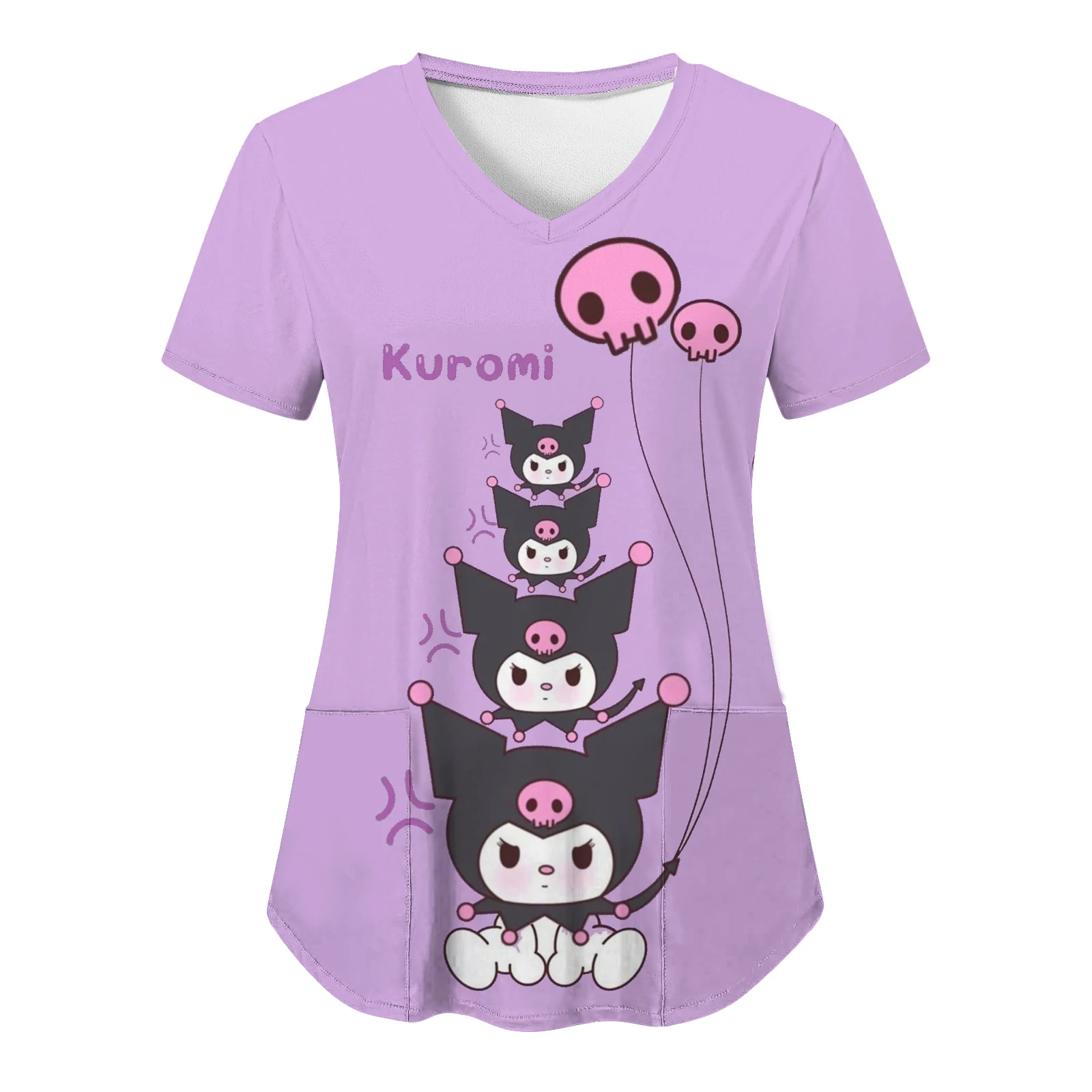 

Sanrio Kuromi Hello Kitty V Neck Pocket Woman Clothing New Hospital Women T-shirts Summer Y2k Cartoon HD Print Top Nurse Uniform