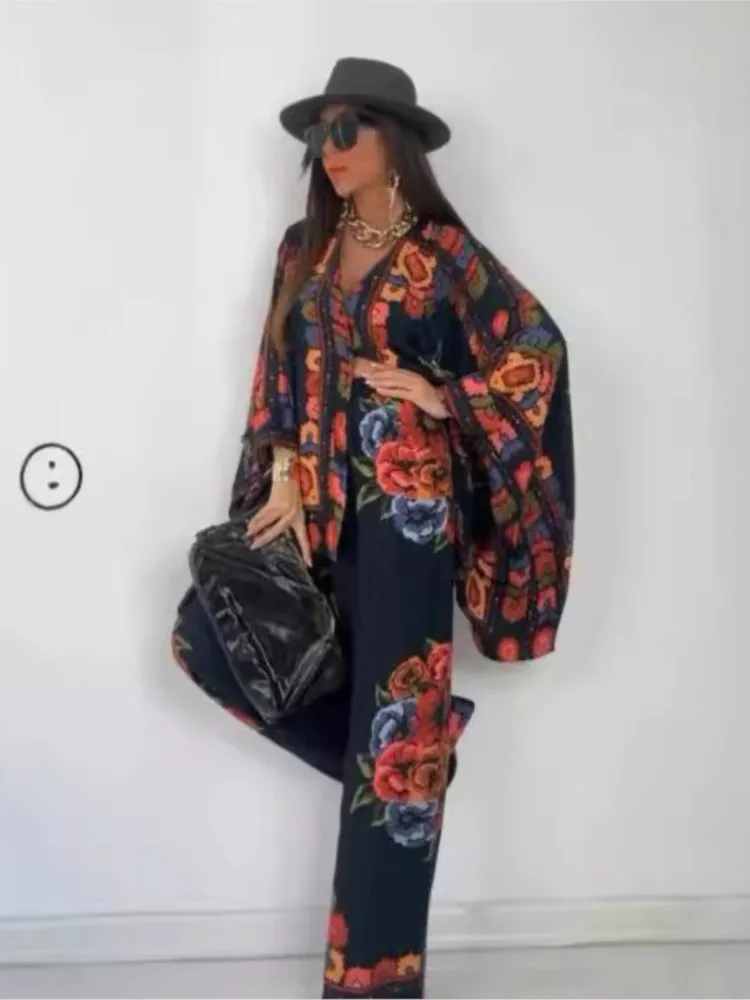 

Ethnic Vintage Fashion 2 Peice Set Women Loose Printed Shirts Wide Leg Pants Sets Elegant Batwing Long Sleeve Single Breasted