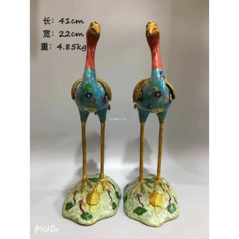 Pair 16 'bronze cloisonne enamel flower totem flamingo bird censer statue