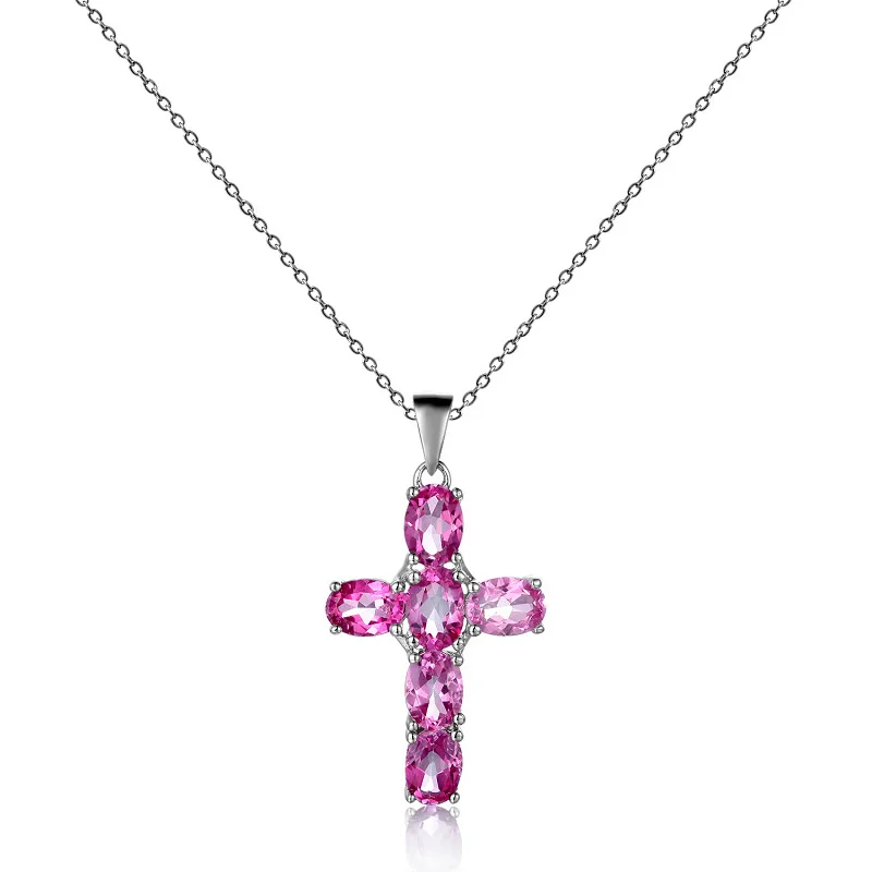 genuine Luxury brand real jewels Straight 925 silver jewelry women's Natural Crystal Cross Necklace Pendant high quality