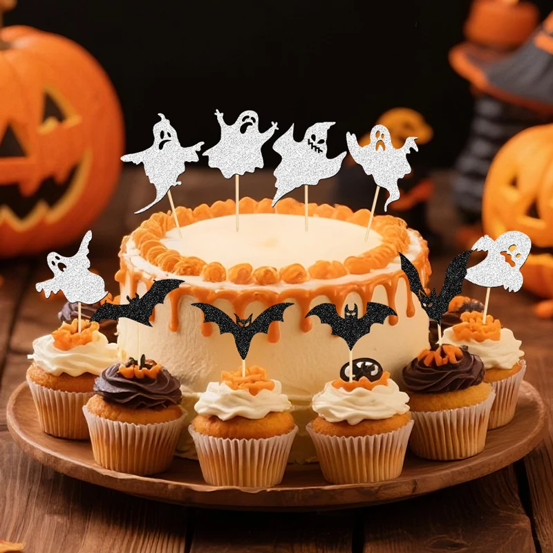 NUBECOM 24 Stück Halloween-Kuchenaufsätze, glitzernde Geister- und Fledermaus-Cupcake-Topper, Geburtstagskuchen-Dekoration, Halloween-Party-Kuchendekoration – Detail 8