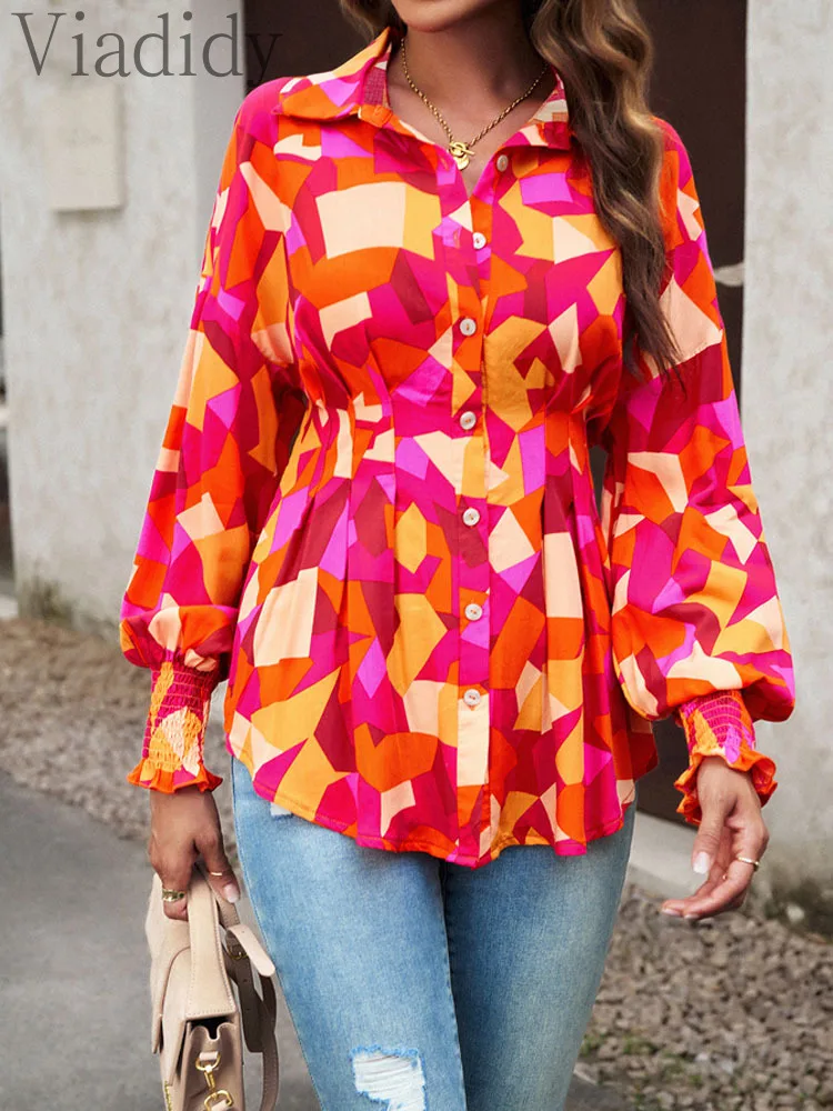 

Women Print Lapel Front Button Lantern Sleeve Casual Shirt