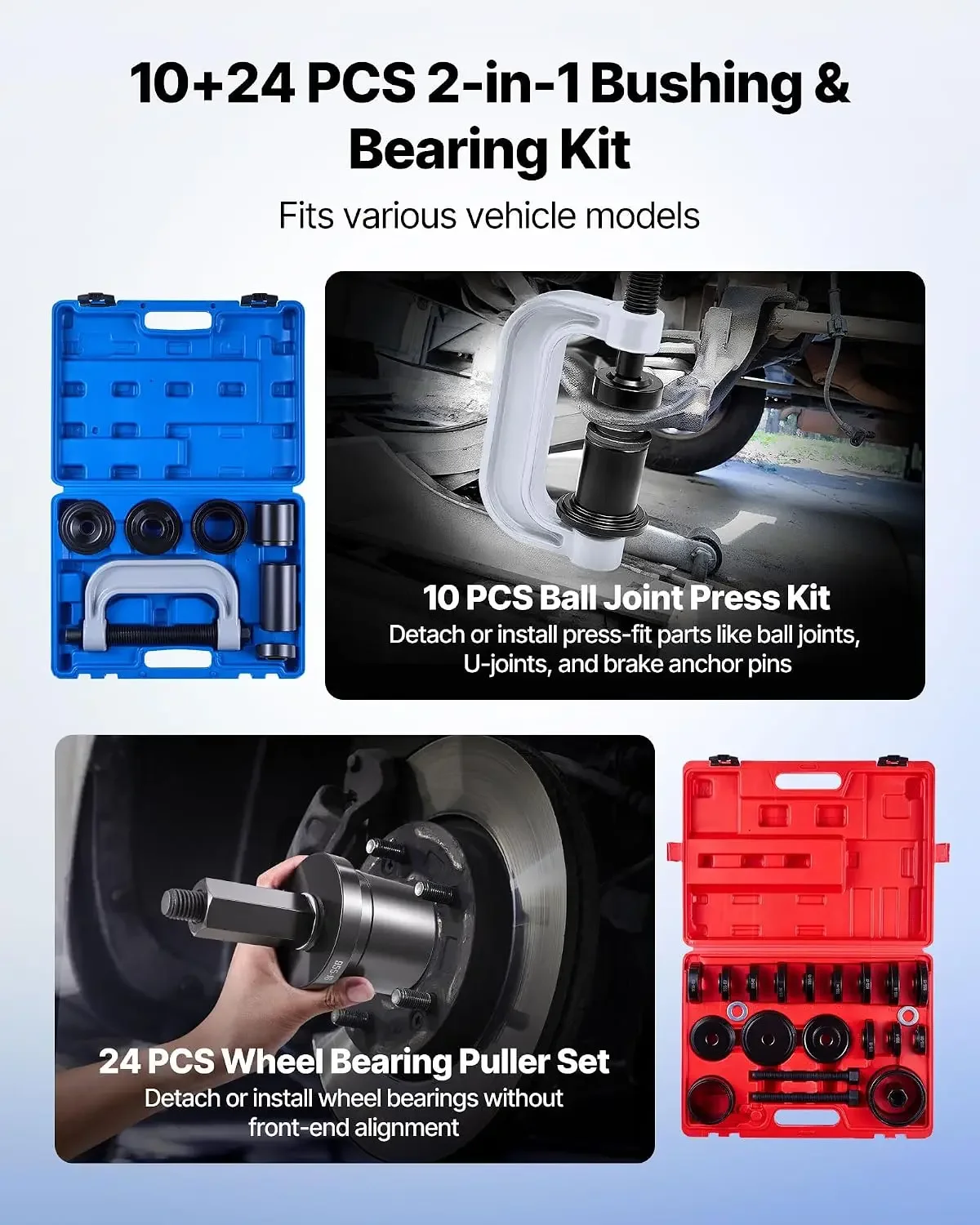 10pcs Ball Joint Press & 24pcs Wheel Bearing Race and Seal Driver Set with 13 Bushings, C-Frame and Sleeves, 2 in 1 Bearing Pres