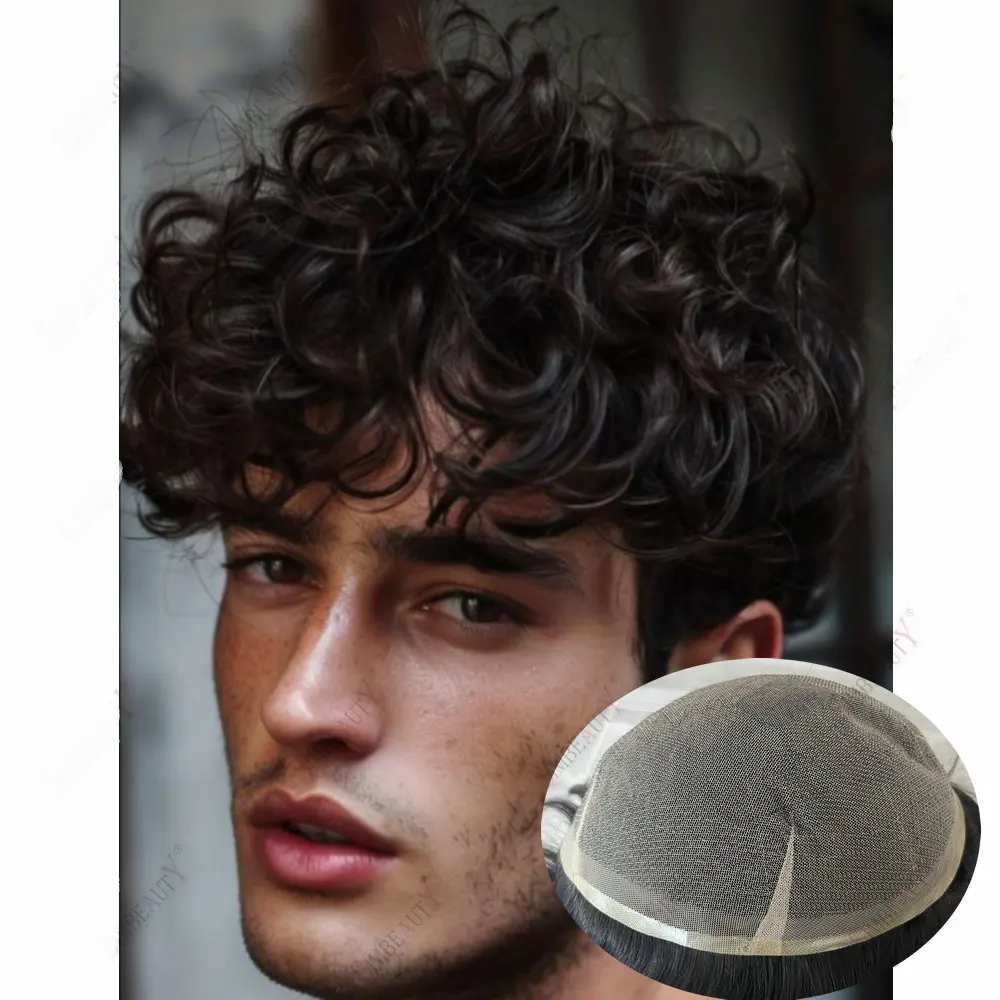 

Natrual Curly Men's 28mm24mm26mm Hairpiece Human Hair Toupee Breathable Full Lace Natural Hairline Replacement System Prosthesis