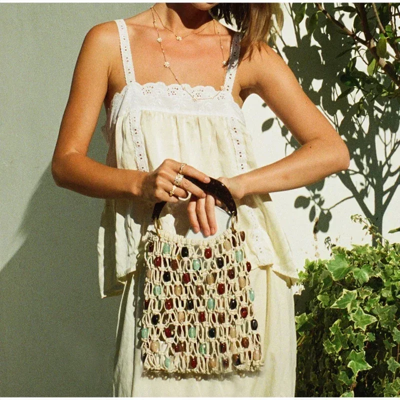 Vintage Handgefertigte Perlen-Handtasche Nischen-Designer Luxus Ausgehöhlte Bucket Bag Neue Sommer Damen Strand-Urlaubstasche – Detail 6