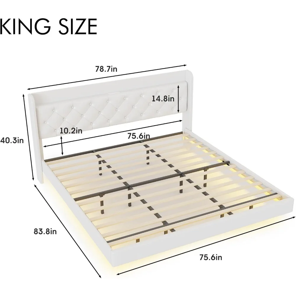 إطار سرير عائم بحجم كينج مع أضواء LED، سرير منجد بمنصة من جلد البولي يوريثان مع محطة شحن ولوح رأسي معنقدة بزر