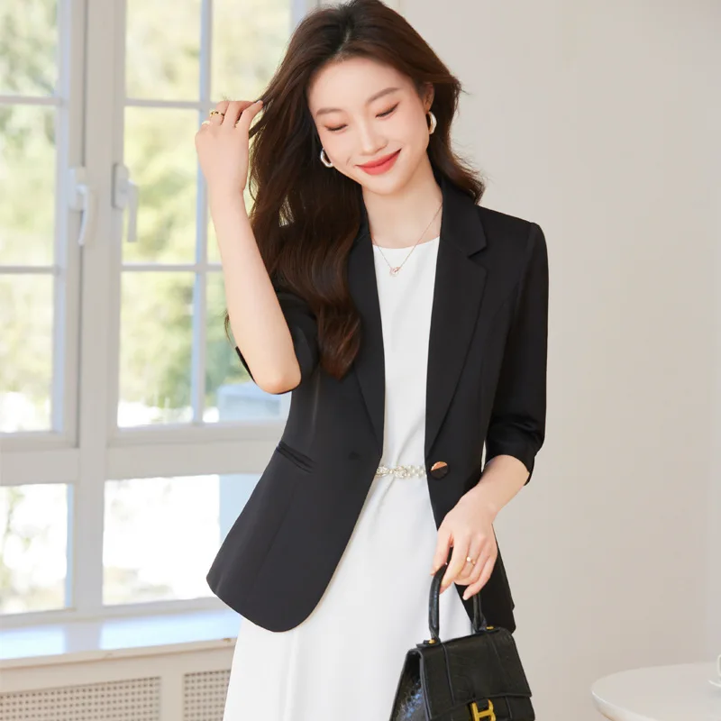 High quality blazer for women single breasted 3/4 sleeve notched collar autumn 2025 elegant fashion office clothes black white