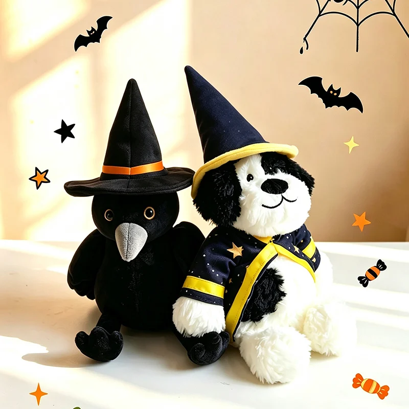 Halloween Series Plush Doll Cartoon Wizard Pirate Dog Pumpkin Rabbit Crow with Hat Ghost Stuffed Animal Toys Home Decoration