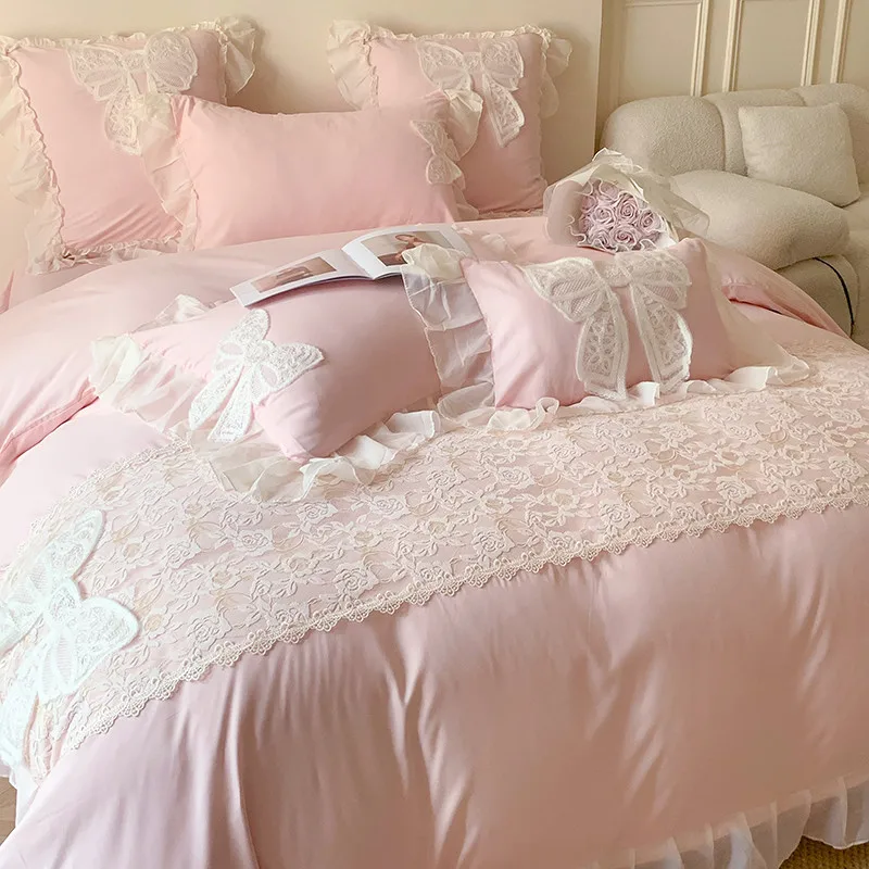 3/4Pcs Korean Princess Lace Style Bedding Set Single Queen King Size Duvet Cover Set Bed Sheet Pillowcases