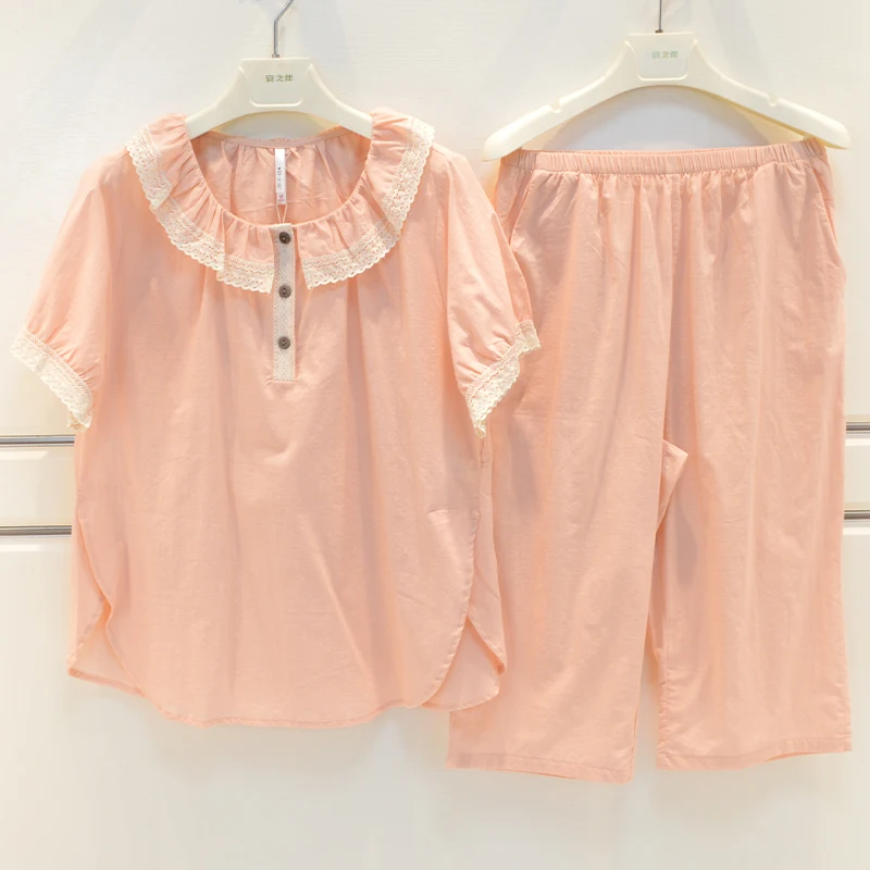 anziban-夏女性の純粋な綿織り無地薄い甘いファッション半袖-7-ピースパンツホーム服パジャマ
