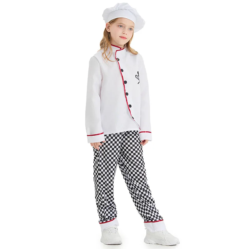 Kids	Halloween Cosplay Costumes	Kids Fun Kitchen Chef Bakers Uniform Top+Pant+Hat Set Kitchen Suit Boys Girls Carnival Costume view 2