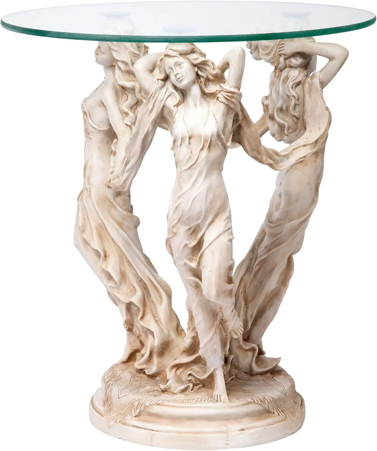The Greek Muses Classic Glass-Topped Side Table, 18 Inches Wide, 18 Inches Deep, 20 Inches High, Handcast Polyresin