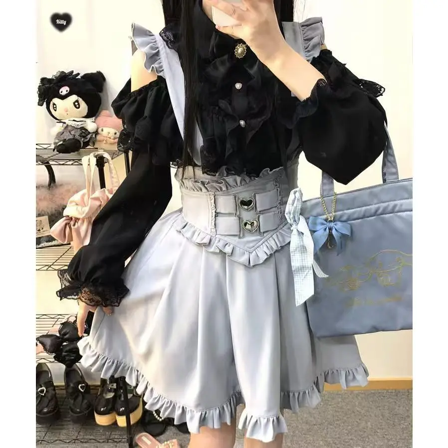 

Vintage Style Lolita Dress with Layered Lace, Bow Tie Detail Puffy Skirt, Kawaii Ground Type Cottagecore Sweet Fashion